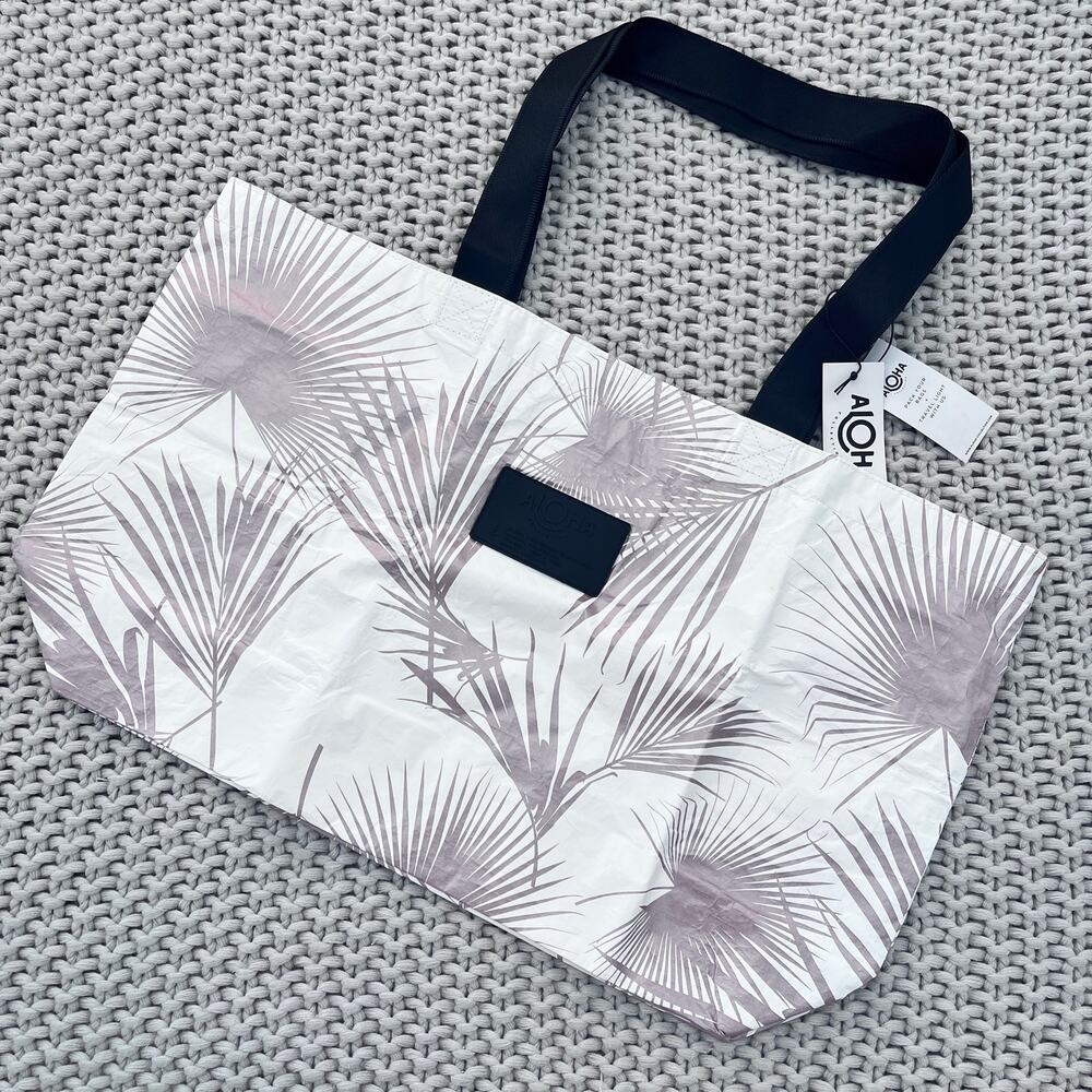 Aloha Collection• Holo Holo Reversible Tote DAY PALMS in Rose Gold on White
